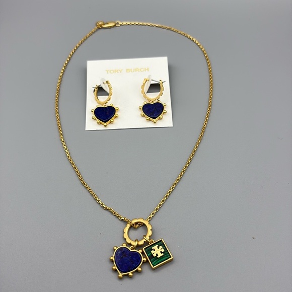 Tory Burch Heart and Square Charm Necklace & Earrings in Semiprecious Stones - Picture 1 of 7